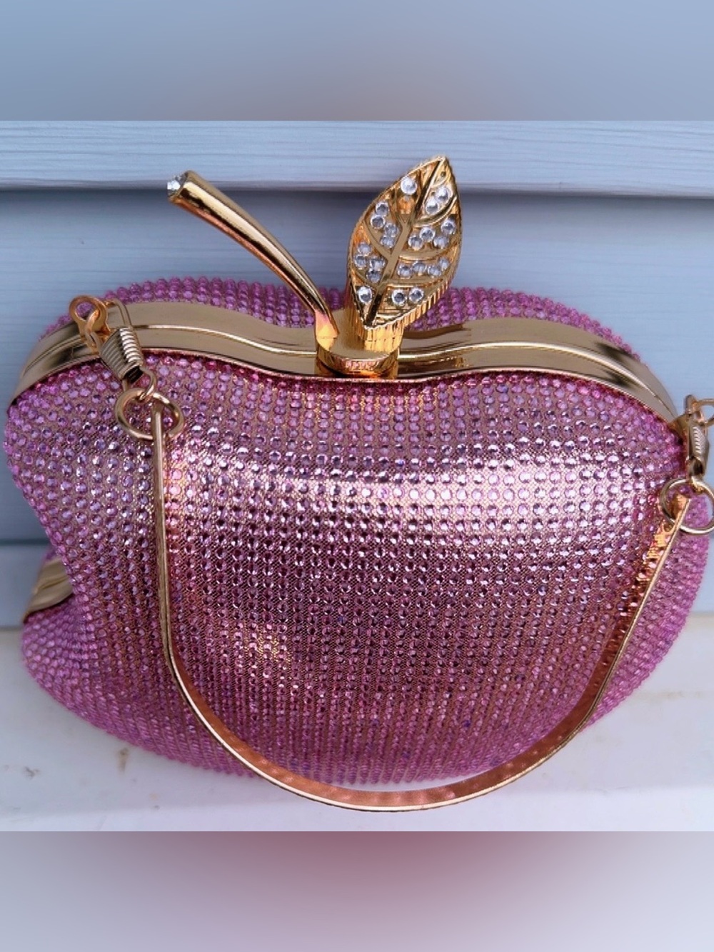 Pink Rhinestone Apple Clutch Purse Gold Chain Evening Bag